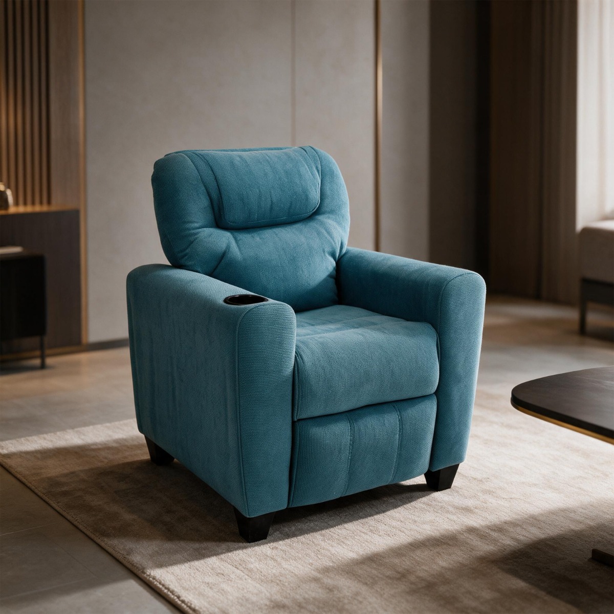 Dora Kids Recliner Chair | Classic Design - Cup Holder - Quilted Linen - Blue 4